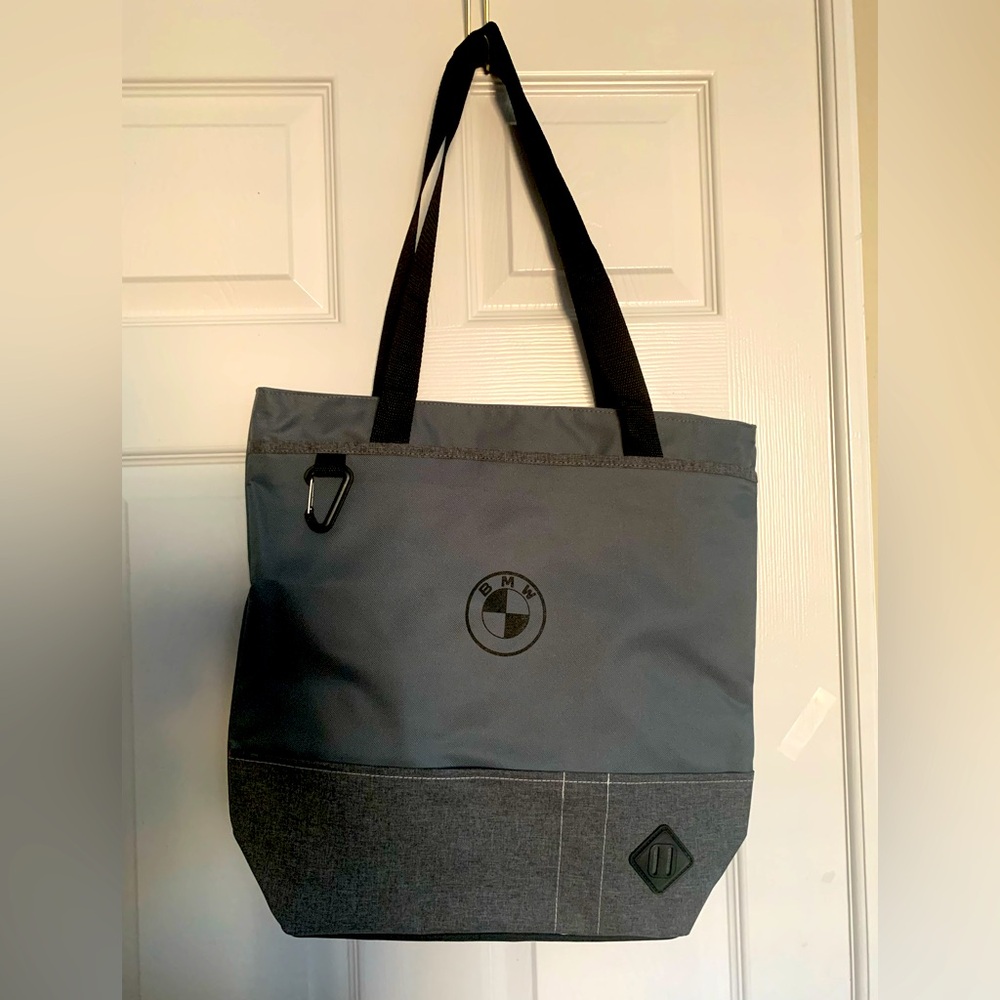 NEW BMW Tote: Canvas Gray/Black, 16x16in, Logo, 4 Outside Pockets, Zip Close